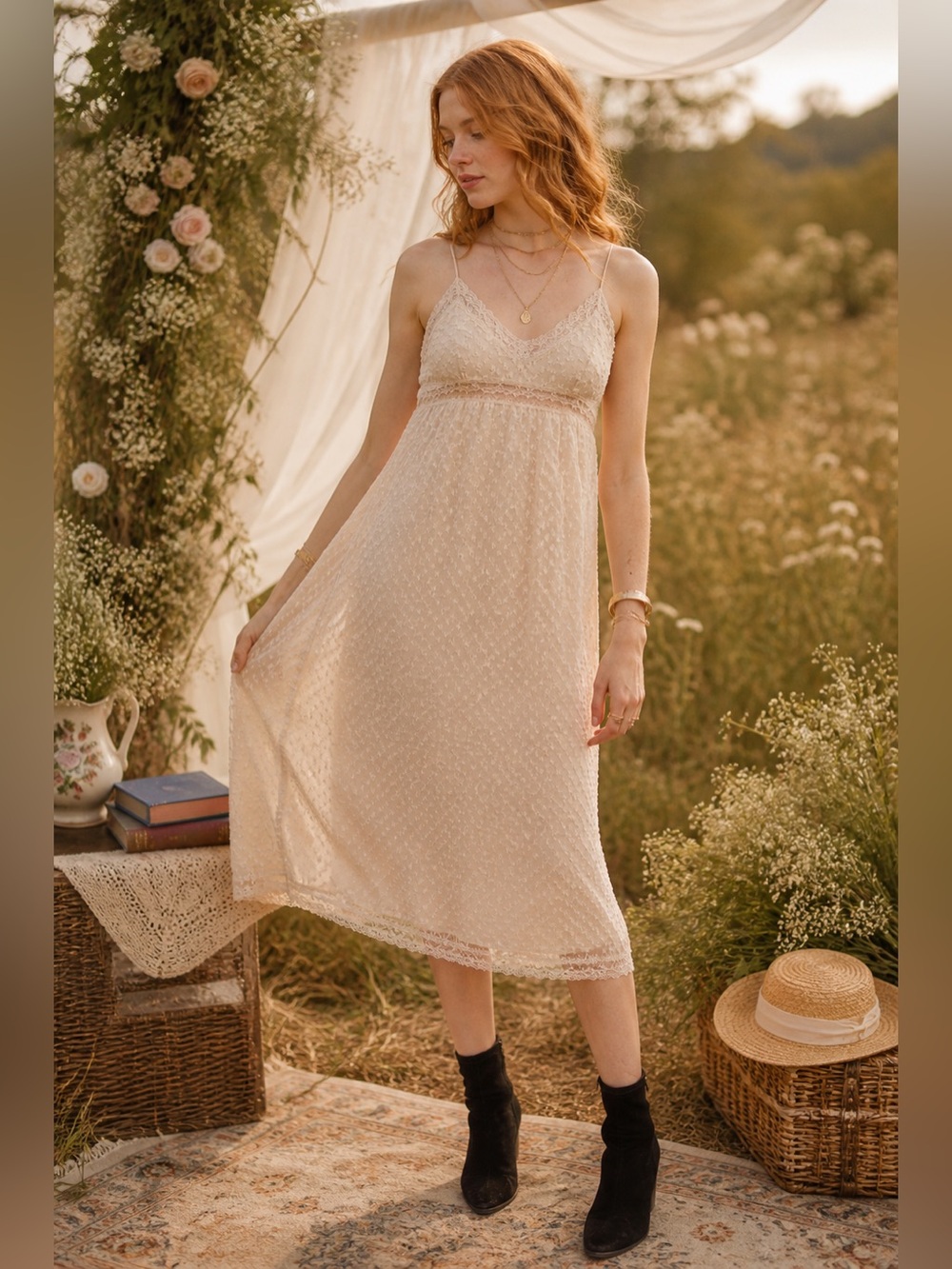 Band of the Free Amalie Ivory Slip Midi Boho Lace Trim Cottagecore Sundress